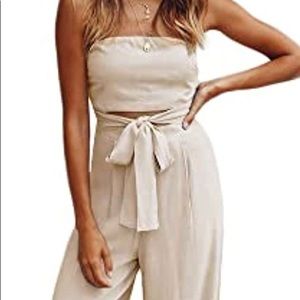 Women's Sexy Tube Top Jumpsuit Off Shoulder Belt Wide Leg Casual Romper